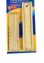 Preili's Wooden Pencil Set | Box with 12 Different Crayon Colour Pencils | Scale (Ruler) and Wooden Sharpener Pencil Box for Architect | Artist | Kids | Designer Case