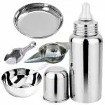PGD Plain Silver Stainless Steel Baby Feeding Bottle with Feeder, Bowl, Idly Spoon, Spoon, Plate (0-24 months) - 300 ml
