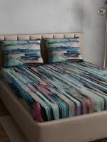 Petal Home 300 TC Aquarelle Blue 100% Cotton Queen Size Bed Sheet with 2 Pillow Covers