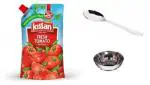 Kissan Fresh Tomato Ketchup 2 kg Pouch with small stainless steel spoon and bowl