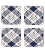 Whats Your Kick Dark Blue And White Check Pattern Design Printed Set of 4 Coaster With Metal Stand