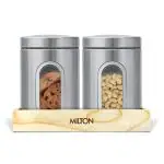 MILTON Treasure Gift Set, Steel Container Set of 2, 1000 ml Each With Wooden Tray | Leak Proof | Finger Print Proof | Odour Proof | Dishwasher Safe | Storage Jar | Kitchen Organizer