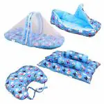 SafeChamp Skyler Baby 4 Piece - Bedding Set with Pillow and Bolsters Sleeping Bag and Bedding Set and Feeding Pillow Combo (Pack - 4) (Blue)
