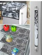 Crosmo Polyester Fridge Top Cover/Refrigerator Cover With 6 Utility Pockets and 1 Pc. Handle Cover , 3 Pc Fridge Mat (Color-Black Size-39x21 Inches)