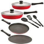 NIRLON Red Non Stick Coated Aluminium Set of Concave Tawa-28.5 cm, Fry Pan-24 cm, Fry Pan-26 cm, Flat Tawa-27 cm and 3 x Spoon (Pack of 7)