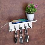Plantex Stainless Steel Multipurpose Mobile Phone Stand/Shelf/Storage Rack with 5 Key Hooks/Holder Wall Mount (Chrome)