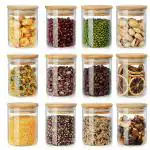 ComSaf Set Of 12 Glass Jars Set, 220ml with Bamboo Airtight Lids and Labels, Food Cereal Storage Containers for Home, Kitchen, Tea, Herbs, Pasta, Coffee, Flour, Herbs, Grains