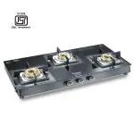 Prestige Vectra 3 Burners Toughened Glass Gas Table|Powder Coated Body|Jumbo Brass Burners|Unique Pan Support|Cleaning Stand, Lighter & Holder|3 Way Gas Inlet|Black