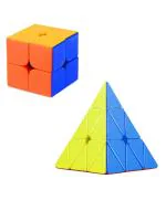 CrackaDeal Plastic Cube Combo Set of 2X2 & Pyraminx High Speed Stickerless Magic Cube Puzzle, Multicolor (Pack of 2)