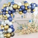 RG Accessories Gold, White, Blue Rubber Solid Balloons Garland Decoration Kit With Arch Ribbon (Pack Of 50)
