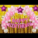 Sv traders Princess Theme Birthday Decoration Total-68 Pcs-Pink Happy Birthday Foil(13)+Golden Foil Curtain(2)+Dark Pink Foil Stars(3)+Golden Confetti Balloons(10)+Metallic Balloons Pink(20)+White(20)
