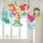 Zyozique Mermaid Hanging Swirl Decorations,6 PCS Double Sided Print Mermaid Themed Swirls Ceiling Streamers Wall Decals for Kids Girls Birthday Baby Shower Under The Sea Party Supplies