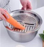 Stainless Steel Drain Basket Vegetable Cutter, 3 in 1 Kitchen Set - Salad Maker Bowl Basin Colander with Lids for Vegetables Fruit Rice Food