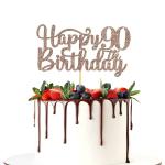 Festiko Happy 90th Birthday Cake Topper, 90th Birthday, Anniversary Party Supplies, Cheers To Ninety Years Party Decoration Rose Gold Glitter