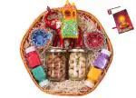 Diwali Gift hampers with Dry Fruits/Dry Fruits Combo Pack/Dry fruits gift pack-Decorated Basket+2 Jars of Dry Fruits(Almond and Cashew)+handmade diary+Ambawadi elephant+4 Rangoli Colours+Diwali Card