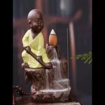 Becooper Handicrafted Buddha Smoke Fountain Incense Burner with 10 Incense cone|Statue| Decorative Showpiece - 5 cm (Polyresin, Yellow)