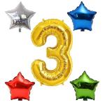 LADAKPAN 16 Inch Silver/Gold Colour Number Foil Balloon with 9 Inch Multicolour 4 Star Shape Balloons for Birthday, Anniverasary, New Year, Christmas, Corporate or Theme Party Decoration. (3, Gold)