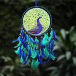DULI Handmade Blue and Green Round Metal and Feathers Dreamcatcher
