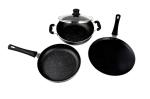 MAYFAIR+ Premium Quality Spatter Design Non Stick Combo Set Of 28cm Dosa Tawa, 24cm Fry Pan & 24cm Kadhai With Glass Lid
