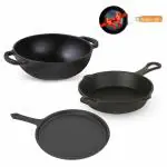 The Indus Valley Pre-Seasoned Cast Iron Cookware Set + Free Tadka Pan | Tawa (25.7cm) + Kadai (25.4cm/2.3L) + Fry Pan (23cm/1.4L) | Kitchen Cooking Combo Pots and Pans Set of 4Pcs | Naturally Nonstick