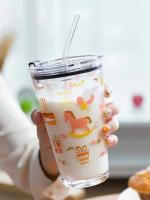 VM PARTNER Glass Cup with Straw and Lid Design Cartoon Pattern