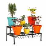 Equal RustProof Rectangular - 2 Step (Tier) Iron Metal Stands For Plants, Pots and Gamla For Balcony/Outdoor/Indoor/Home Decor/Terrace Garden (Flower Pattern)