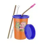 Prabha Stainless Steel Orange Tumbler, Designer Glass With Plastic Lid, 2 Straws, 1 Brush, Capacity 370 Ml