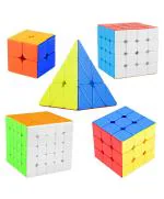 CrackaDeal Plastic Cube Combo Set of 2X2 3X3 4X4 5X5 Pyraminx High Speed Stickerless Magic Cube Puzzle, Multicolor (Pack of 5)