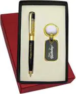 UJJi Happy Birthday Printed Golden Gel Filled Brass Ball Pen & Metal Keychain