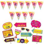 Festiko Holi Decoration Combo G (Set of 12 Pcs) - 1 Pc Happy Holi Banner, 11 Pcs Holi Photo Booth Props, Holi Decorations, Holi Party Decor, Selfie Props For Holi