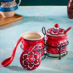 Hindustani Saudagar Ceramic Jar Set with Iron Stand, 2 Spoon & Matching Lid for Storage Pickle (Red)