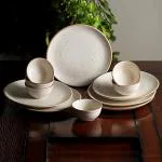 VolCraft Stoneware Ceramic Dinner Set of 12 Pieces for Dinner with Katoris (12 Pieces, 6 Bowl & 6 Plates, Dishwasher & Microwave Safe) -Dinner Sets Ceramic Bowls Set Dinnerware Sets-Off White
