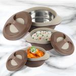 cello Ripple Inner Stainless Steel Casserole, ( 500, 1000, 1500ml), Brown Pack of 3 Thermoware Casserole Set (3000 ml)