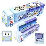 Cartoon Printed Bus Geometry Box Double Compartment Metal Body Pencil Case Pen Pencil Holder with Sharpener and Moving Tyres Like Bus Metal Pencil Box (Space Bus Light Blue)