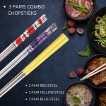 Hichaki 3 Pairs Steel Blue & Red with Silicon Yellow Chopsticks Set- Lightweight, Dishwasher Safe, Reusable