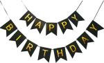 Festiko Happy Birthday Banner 16 Cm X 12 Cm Happy Birthday Bunting Banner With Shiny Gold Letters Black, Gold Birthday Decorations For Any Agess Supplies With 13 Cards, A Ribbon