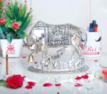 KridayKraft Kamdhenu Cow with Calf Metal Statue for Good Luck, Feng Shui As Table Top Figurine, Vastu, Religious Gau Mata Idol Home, Office and Table Decorative (Silver, Standard)