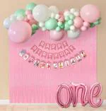 SPECIALYOU.IN Pink Theme 1st Birthday Decoration Items for Girls with Pastel Green, White, Pink Balloons, Pink Fringe Curtain backdrop for Decoration, One Foil Balloon & Monthly paper HBD- 49 Items
