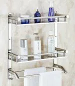 INVITO Stainless Steel Multipurpose Double Shelf 3 Tier Bathroom Shelf/Storage Rack/Towel Holder/Towel Hanger/Towel Rack/Bathroom Accessories - Wall Mount Shelf
