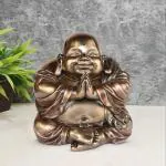 ARTVARKO Religious Bronze Feng Shui Happy Man Laughing Buddha Welcome Namaste Sitting and Holding Ingot Statue - (11.4 x 11.4 cm)