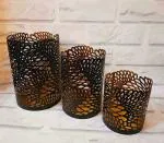 HOMESUTRAA Black Handmade Metal Tealight Candle Holder with Flower Cut Out Design for Home, Living Room and Table Decor (set of 3)
