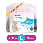Bumtum Ultra Slim Diaper Pants Large (L) Size - 72 Diapers |Pack of 3 |Cottony Soft Anti-Rash Layer, Wetness Indicator