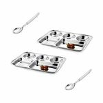 Gestures Stainless Steel 5 in 1 with Spoon Round Extra Deep Compartment Divided Plate, Thali, Bhojan Thali, Mess Tray, Dinner Plate Set for Kitchen & Dining - Set of 2 with 2 Spoons