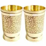 Prisha India Craft Pure Brass Mughlai Style Embossed Design Glass 250 ML, Set of 2