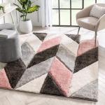 Hitex Carpet Polyester Zig Zag-Silver, Peach Modern Geometric 3D Textured Thick And Soft Shaggy Fur Rug - 7 X 7