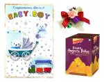 Feastive Celebrations Bikano Kesar Angoori Petha, Flower Spray And New Born Baby Boy Greeting Card, 1500 Gm
