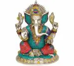 Idol Collections Multicolor Brass Four Armed Ganesha Ganesh Murti Statue, Idol Collections Gold Varahavatara Of Vishnu With Bhuudevi 3.2 Inch