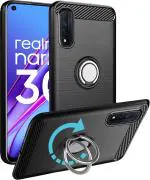 Unistuff Back Case Cover for Realme Narzo 30 with Magnetic Kickstand | Premium Matte Finish | Camera Bump Protection | Rubberized Ring Cover - Night Black, 76604