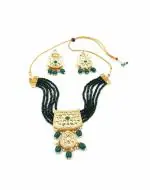 Bella Store Women Dark Green Brass Handmade Kundan Golden Polki Rajputi Rajwada Pendant Set