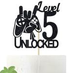 Festiko Black Glitter Level 5 Unlocked Game Birthday Cake Topper, Boys 5th Birthday Cake Decorations, Sweet 5, Video Game Theme Cake Topper